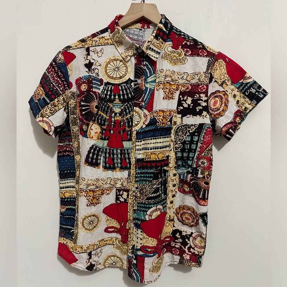 Mens Short Sleeve Button Up Colorful Print Shirt Size M